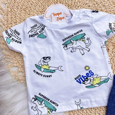 Conj. Camiseta Superior Surfer Dino e Bermuda - Branco e Azul Petróleo 